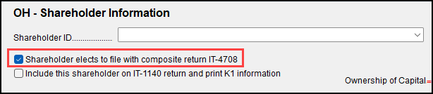 Image of "Shareholder elects to file with composite return IT-4708" checkbox on OH screen K1